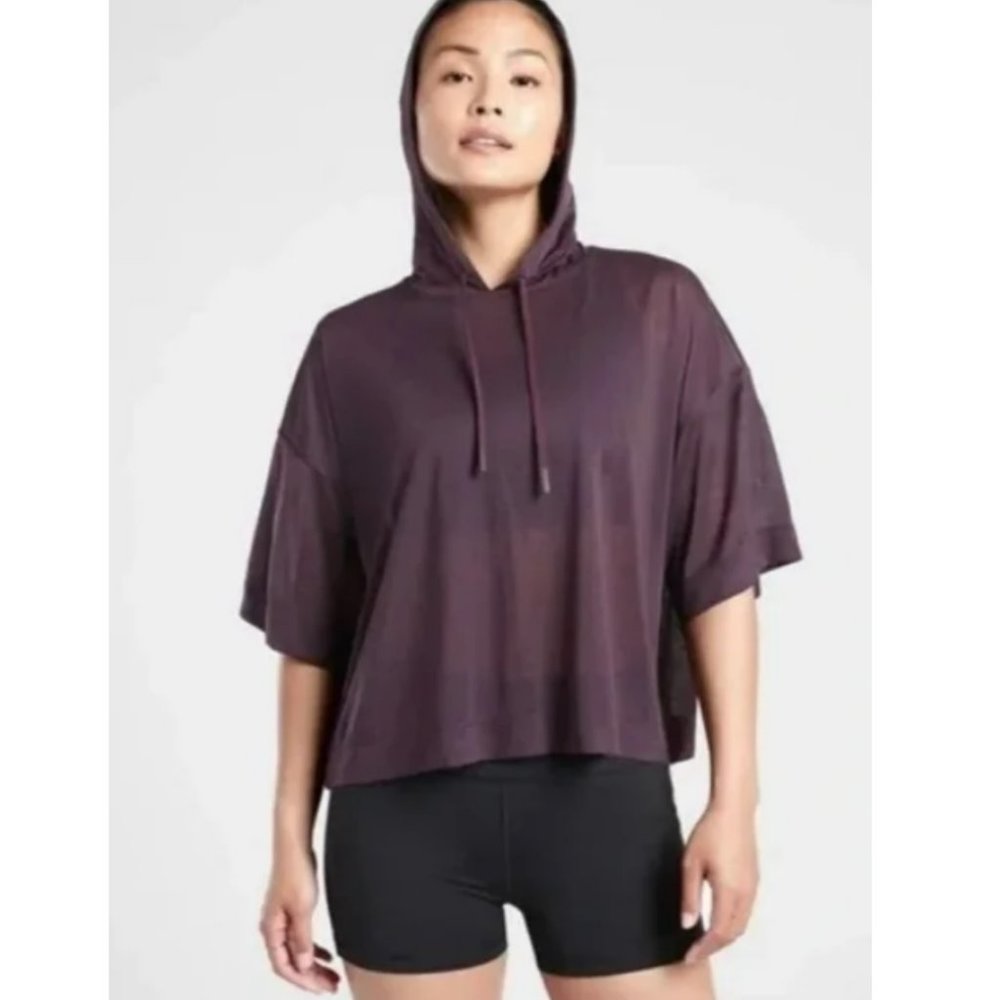Athleta Vapor Hooded Top Womens 1x Purple Short Sleeve Lightweight Cropped